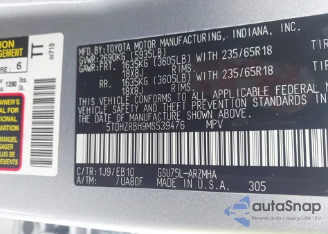 2021 Toyota Highlander Xle из США, поврежденный, VIN 5TDHZRBH9MS539476